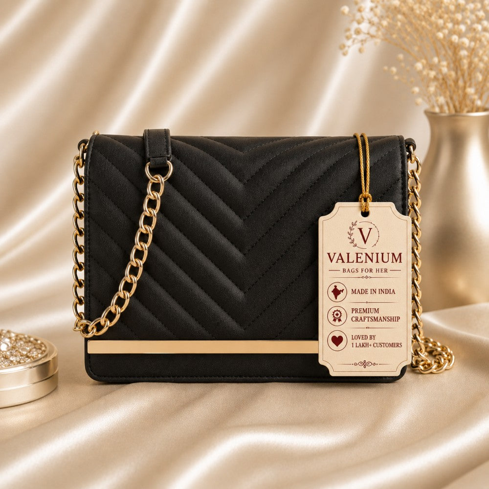 Valenium Sling Bag with Gold Chain (Black)