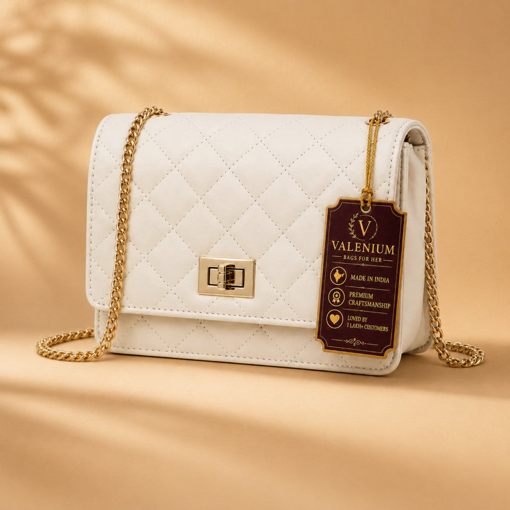 Valenium Sling Bag with Gold Chain (Off White)