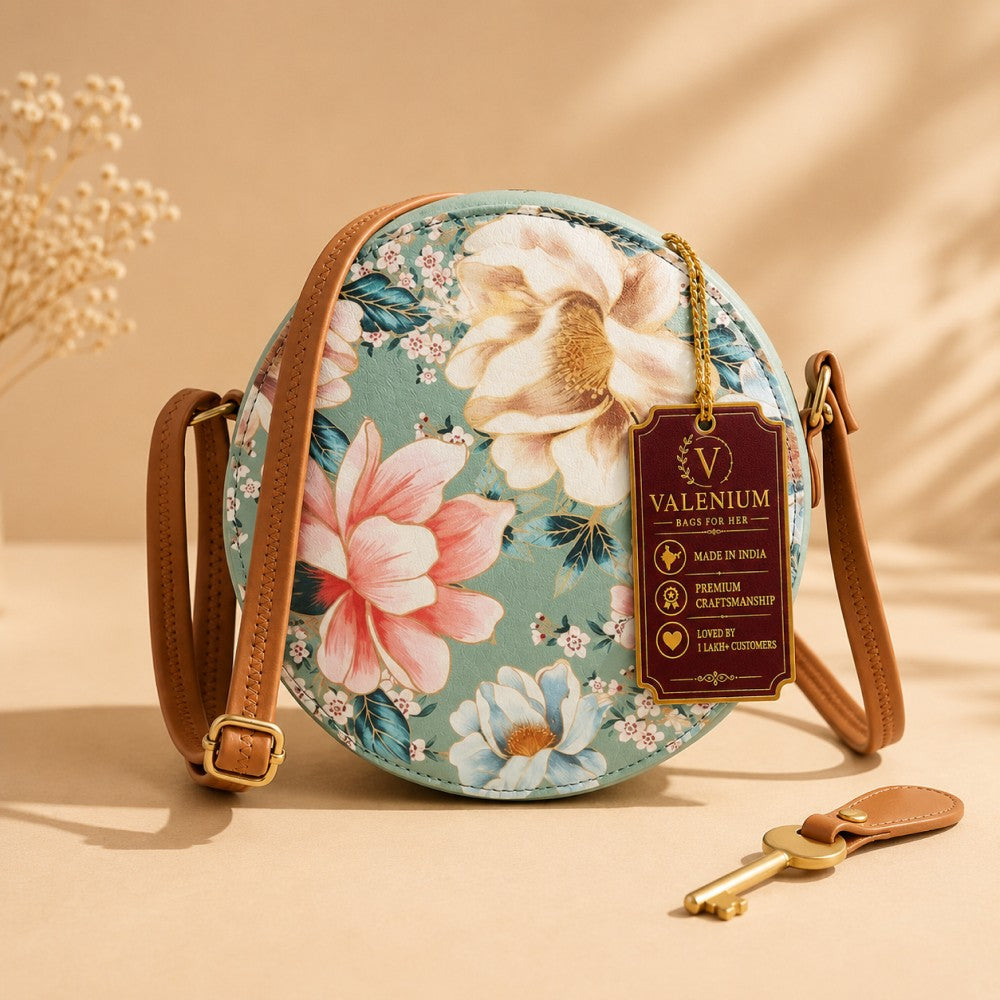Valenium Flower Print Round Sling Bag (Sage Green)