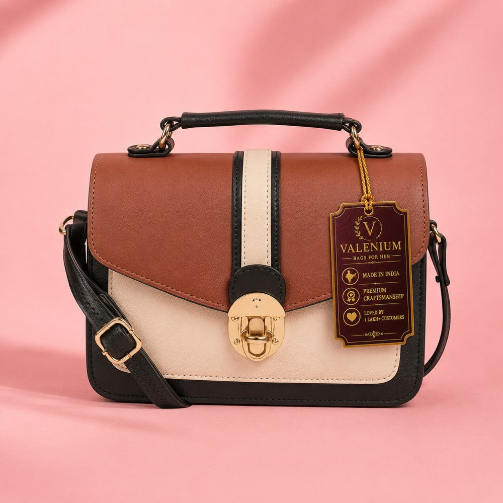 Valenium Sling Bag with Twist Lock (Beige & Brown)